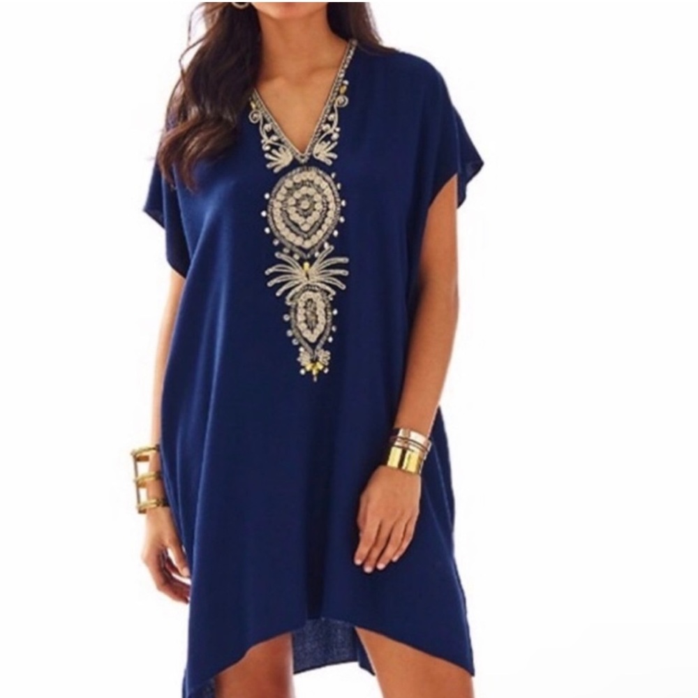 Lilly Pulitzer‎ Chai Caftan Embroidered Dress Navy Gold Tunic Size S/M